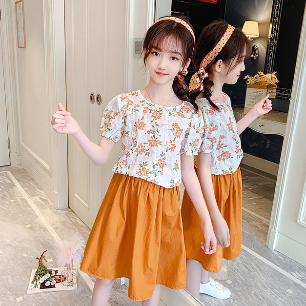 2022夏款韓版小清新繡花上衣+半身裙二件套裝(橘色) 140碼現貨