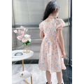 2022夏裝韓版中大童小碎花蝴蝶結雪紡連衣裙(藍/粉)_9