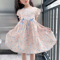 2022夏裝韓版中大童小碎花蝴蝶結雪紡連衣裙(藍/粉)_6