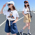 2022夏裝韓版中大童可愛小熊上衣+休閒短褲二件套裝(卡其/藍色)