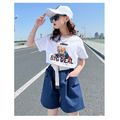 2022夏裝韓版中大童可愛小熊上衣+休閒短褲二件套裝(卡其/藍色)_4