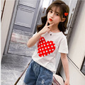 2022夏裝韓版中大童點點愛心上衣+破洞牛仔七分褲二件套裝_1