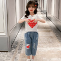 2022夏裝韓版中大童點點愛心上衣+破洞牛仔七分褲二件套裝_4