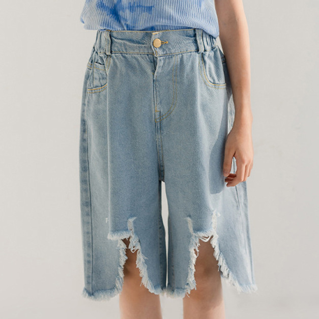 2022夏裝韓版中大童牛仔不規則中褲/五分褲