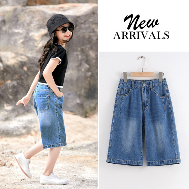 2022夏裝韓版中大童時尚牛仔闊腿褲/五分褲