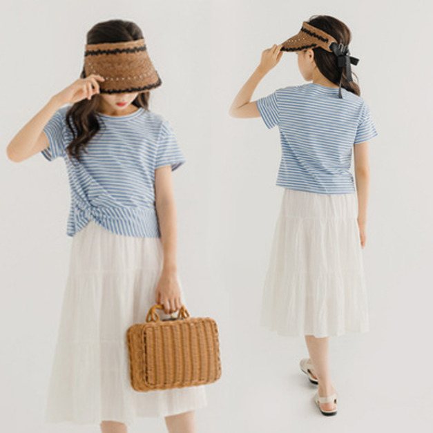 2022夏裝韓版中大童條紋紐結上衣+白色中長款紗裙二件套裝