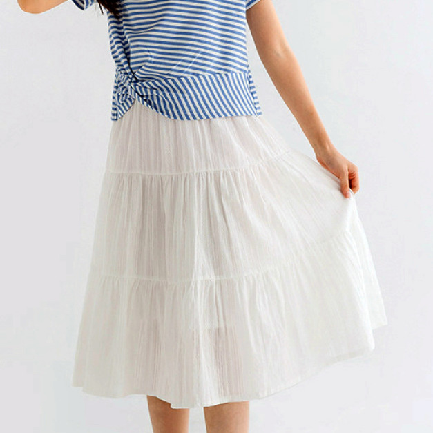 2022夏裝韓版中大童條紋紐結上衣+白色中長款紗裙二件套裝