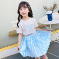 2022夏裝韓版中大童美人魚亮片上衣+百褶防走光短裙/裙褲