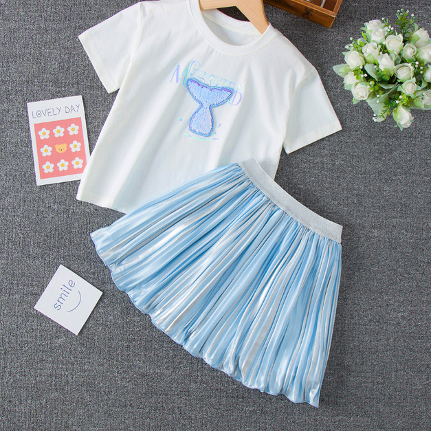 2022夏裝韓版中大童美人魚亮片上衣+百褶防走光短裙/裙褲(現貨160)