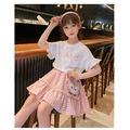 2022夏裝韓版中大童白色花邊袖上衣+格子防走光裙褲二件套裝(粉色)附包包_2