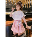 2022夏裝韓版中大童白色花邊袖上衣+格子防走光裙褲二件套裝(粉色)附包包_4