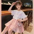 2022夏裝韓版中大童白色花邊袖上衣+格子防走光裙褲二件套裝(粉色)附包包