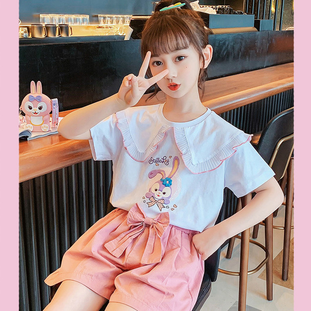 2022夏裝韓版中大童可愛小兔花邊領上衣+短褲二件套裝(粉色)現貨+預購