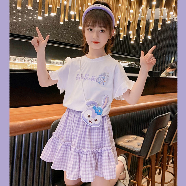 2022夏裝韓版中大童白色花邊袖上衣+格子防走光裙褲二件套裝(紫色)附包包
