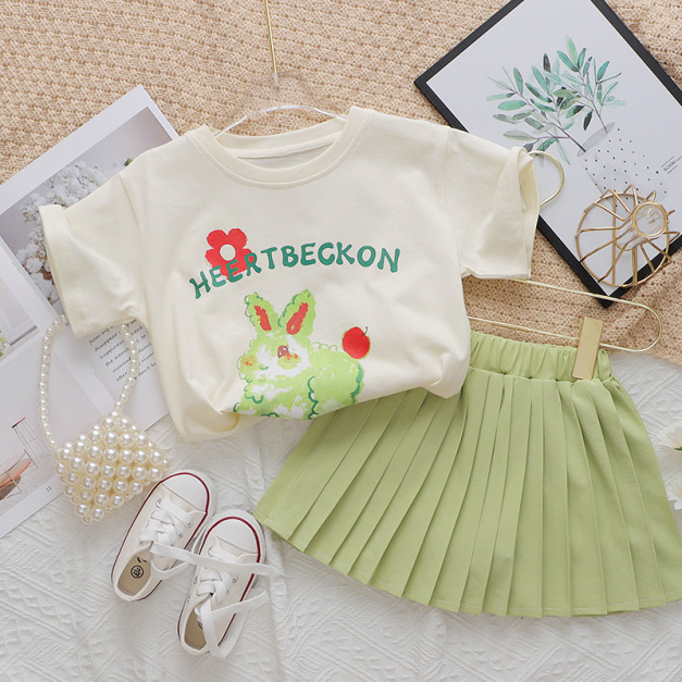2022夏裝韓版中大童可愛小兔上衣+百褶防走光裙褲二件套裝