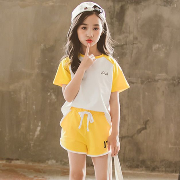 2020夏款韓版中大童運動休閒服二件套/親子裝(黃色)現貨