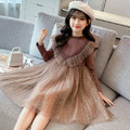 2022春裝韓版中大童蕾絲花邊蓬蓬紗閃亮公主裙(咖啡色)現貨