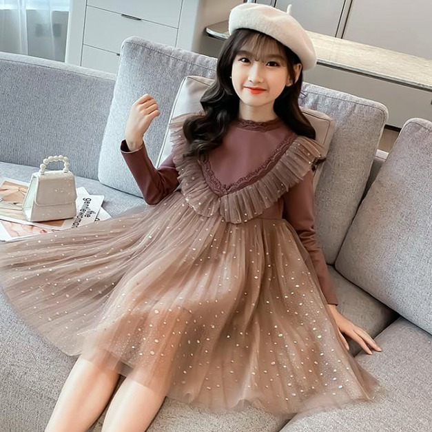2022春裝韓版中大童蕾絲花邊蓬蓬紗閃亮公主裙(咖啡色)現貨