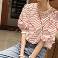 2022夏裝日系紅色條紋蓬蓬袖上衣/親子裝/女裝