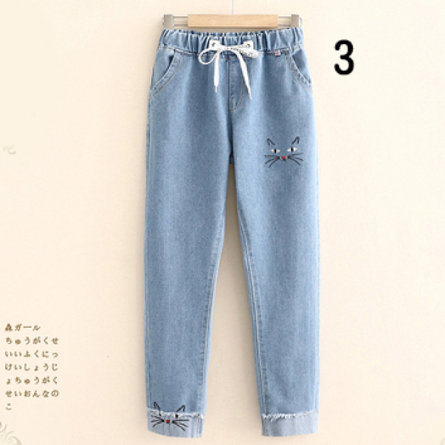 2022夏裝日系中大童刺繡貓咪休閒牛仔長褲/親子裝/女裝(3款)