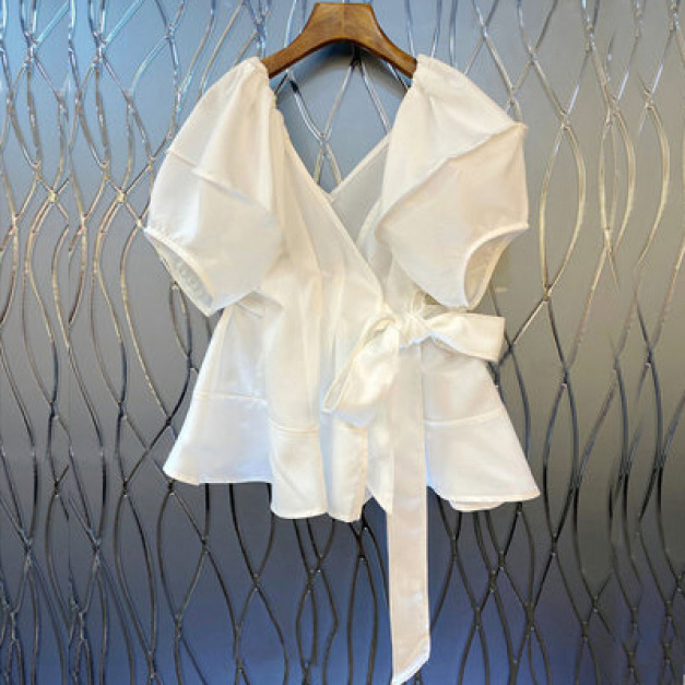 【韓國進口】夏裝韓國東大門V領泡泡袖娃娃衫上衣/女裝(3色)