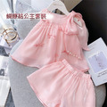2022夏裝韓版中大童粉色蝴蝶結上衣+短褲二件套