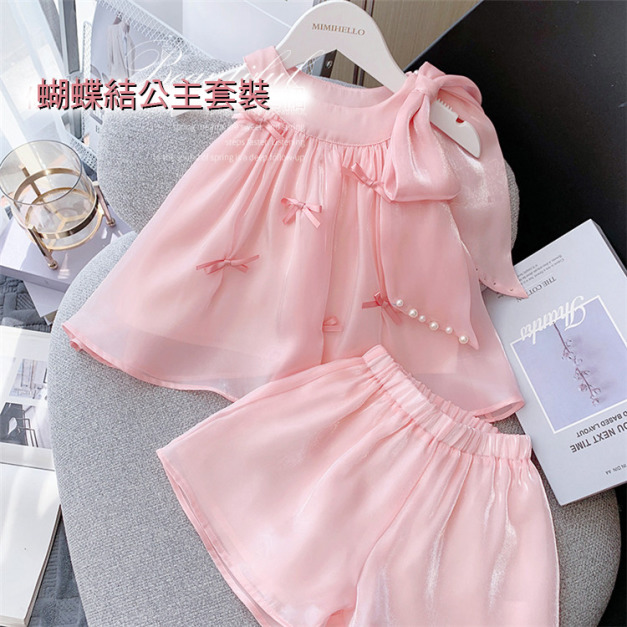2022夏裝韓版中大童粉色蝴蝶結上衣+短褲二件套