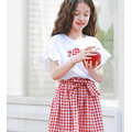 2022夏裝韓版中大童花邊袖上衣+紅白格長裙二件套裝/親子裝_2