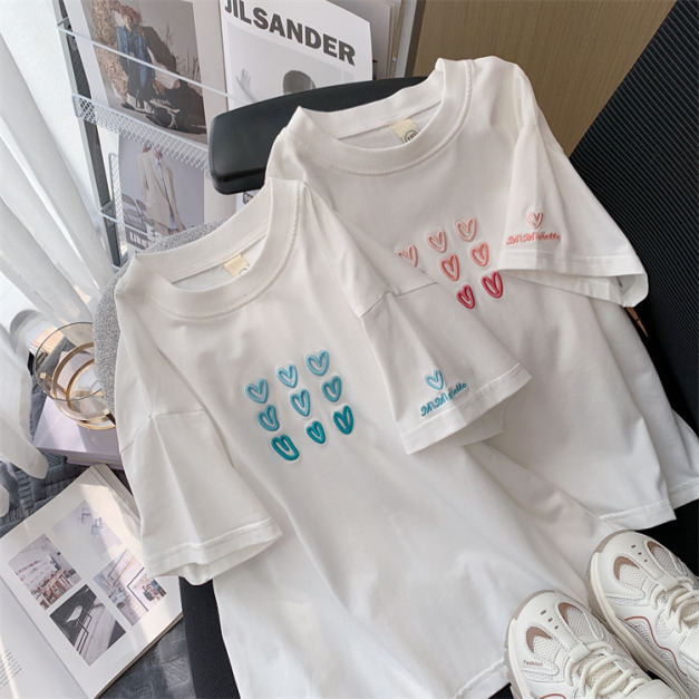 2022夏裝韓版中大童漸層愛心刺繡圓領上衣/T恤/親子裝(2色)