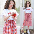 2022夏裝韓版中大童花邊袖上衣+紅白格長裙二件套裝/親子裝
