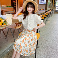 2022夏裝韓版中大童珍珠上衣+小背心+小碎花半身裙三件套裝