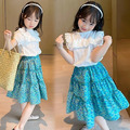 2022夏裝韓版中大童蕾絲花邊上衣+小碎花半身裙二件套裝