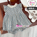 【韓國進口】2022夏裝中大童蕾絲領格紋上衣+短褲二件套_1