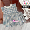 【韓國進口】2022夏裝中大童蕾絲領格紋上衣+短褲二件套