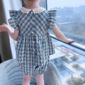 【韓國進口】2022夏裝中大童蕾絲領格紋上衣+短褲二件套_5