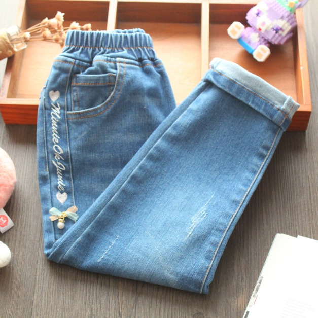 2022夏款韓版中大童英文字母刺繡微彈力磨白水洗牛仔褲/長褲
