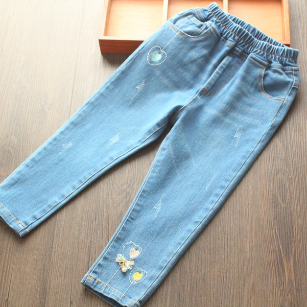 2022夏款韓版中大童愛心汽球刺繡磨白水洗牛仔褲/長褲