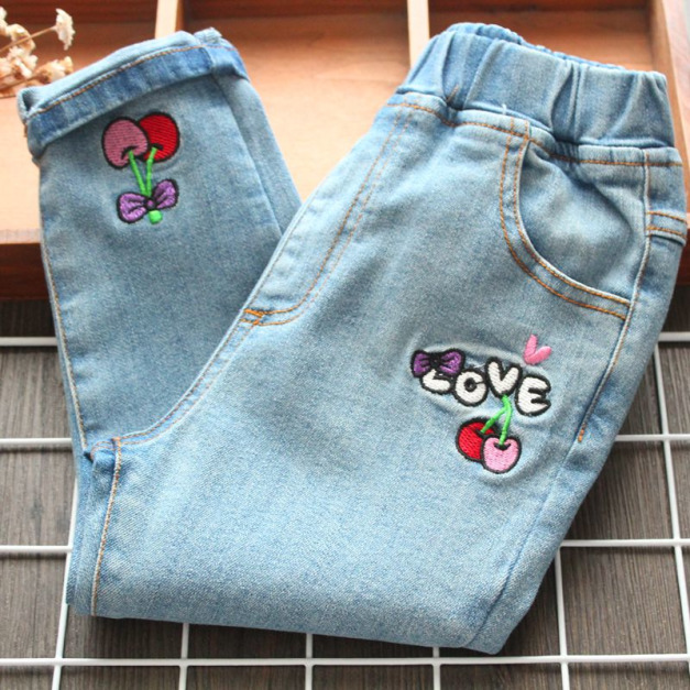 2022夏款韓版中大童可愛櫻桃刺繡水洗牛仔褲/長褲