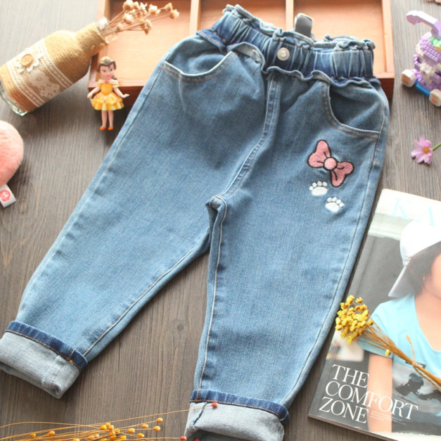 2022夏款韓版中大童可愛蝴蝶結刺繡磨白水洗牛仔褲/長褲