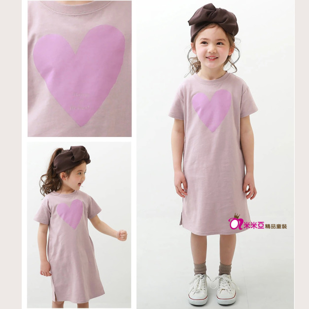2022夏款日系中大童愛心粉色長款休閒連衣裙/親子裝/ 女裝