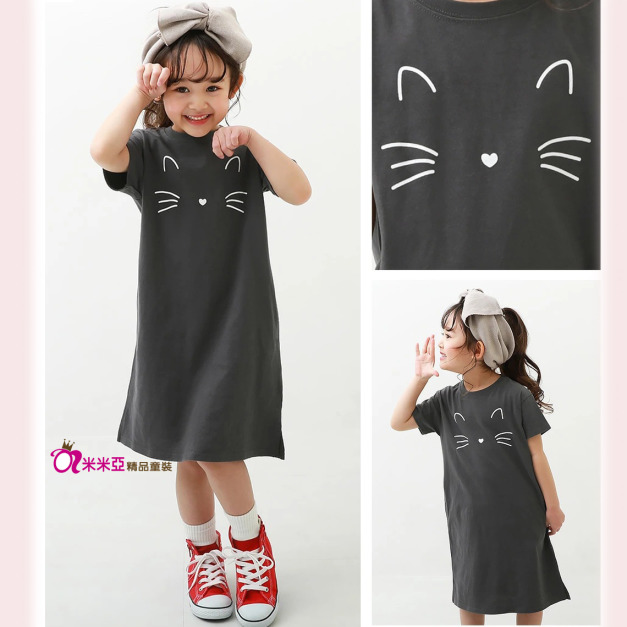 2022夏款日系中大童貓咪深灰色長款休閒連衣裙/親子裝/ 女裝