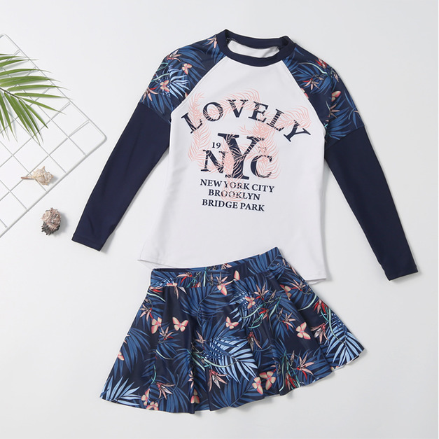 韓版中大童長袖防晒上衣+裙褲二件套泳裝/親子裝