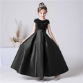 韓版中大童彩色亮片拼接絲光長款公主裙/音樂表演小禮服(黑色)