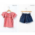 【韓國進口】夏裝中大童紅白格小飛袖上衣+高腰牛仔短褲二件套_7