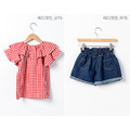 【韓國進口】夏裝中大童紅白格小飛袖上衣+高腰牛仔短褲二件套_6
