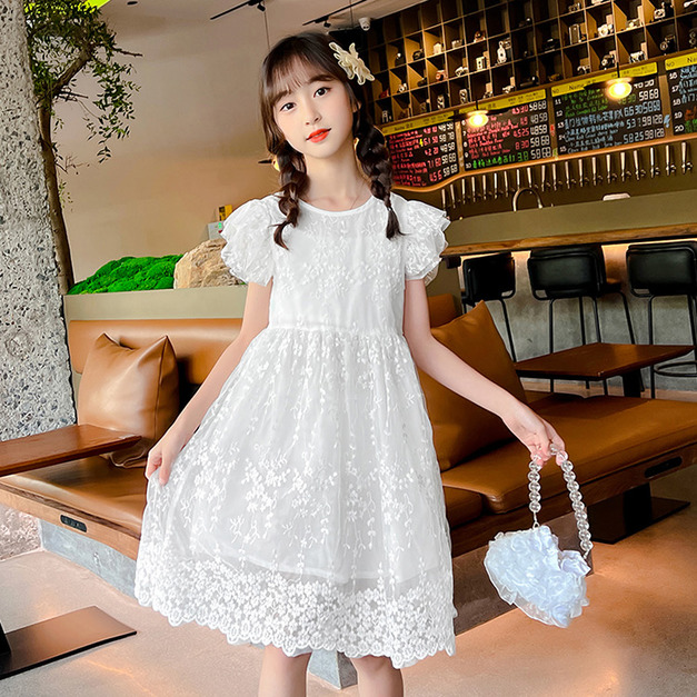 夏裝韓版中大童小清新白色蕾絲鏤空洋裝/公主裙/畢業服(現貨)