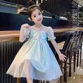 2022夏裝韓版中大童澎澎袖閃片網紗洋裝/公主裙/畢業禮服(送髮飾) 綠色