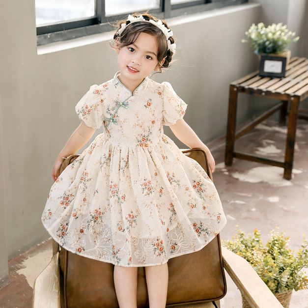 2022夏款中國風小碎花澎澎袖網紗旗袍公主裙/連衣裙/改良式旗袍