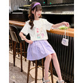 2022夏款韓版中大童花邊領卡通印花上衣+百褶防走光短裙二件套(紫色)_2