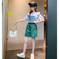 2022夏款韓版中大童愛心花邊上衣+短褲二件套(粉/綠)_6